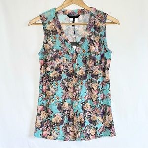 BCBGMaxAzria | Aqua Floral Print Lightweight Mesh Button-Up Sleeveless Blouse